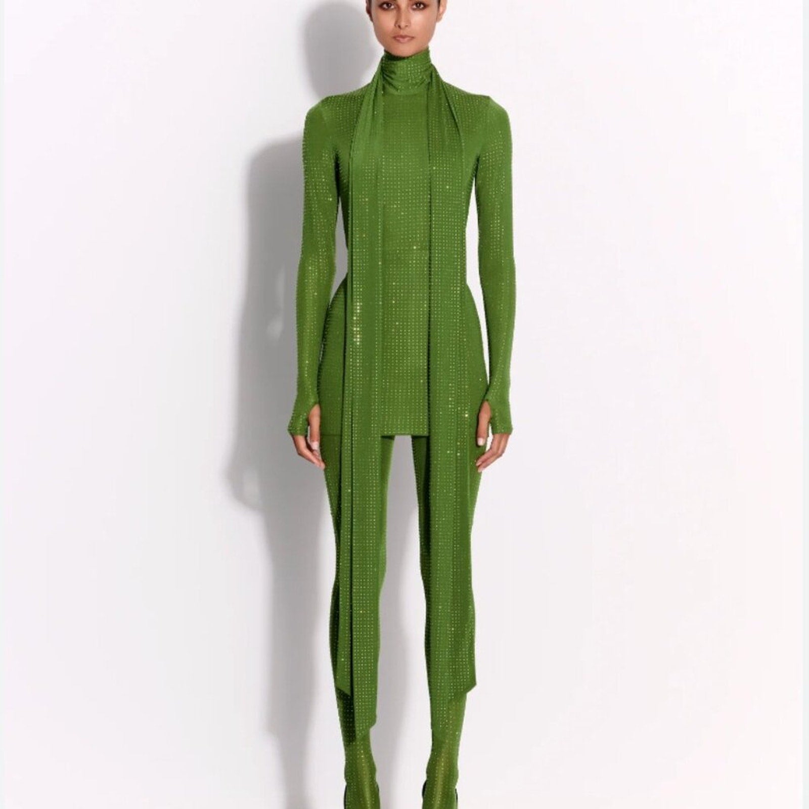 Alex Perry Fern Green Crystal Embellished Long-Sleeve Dress