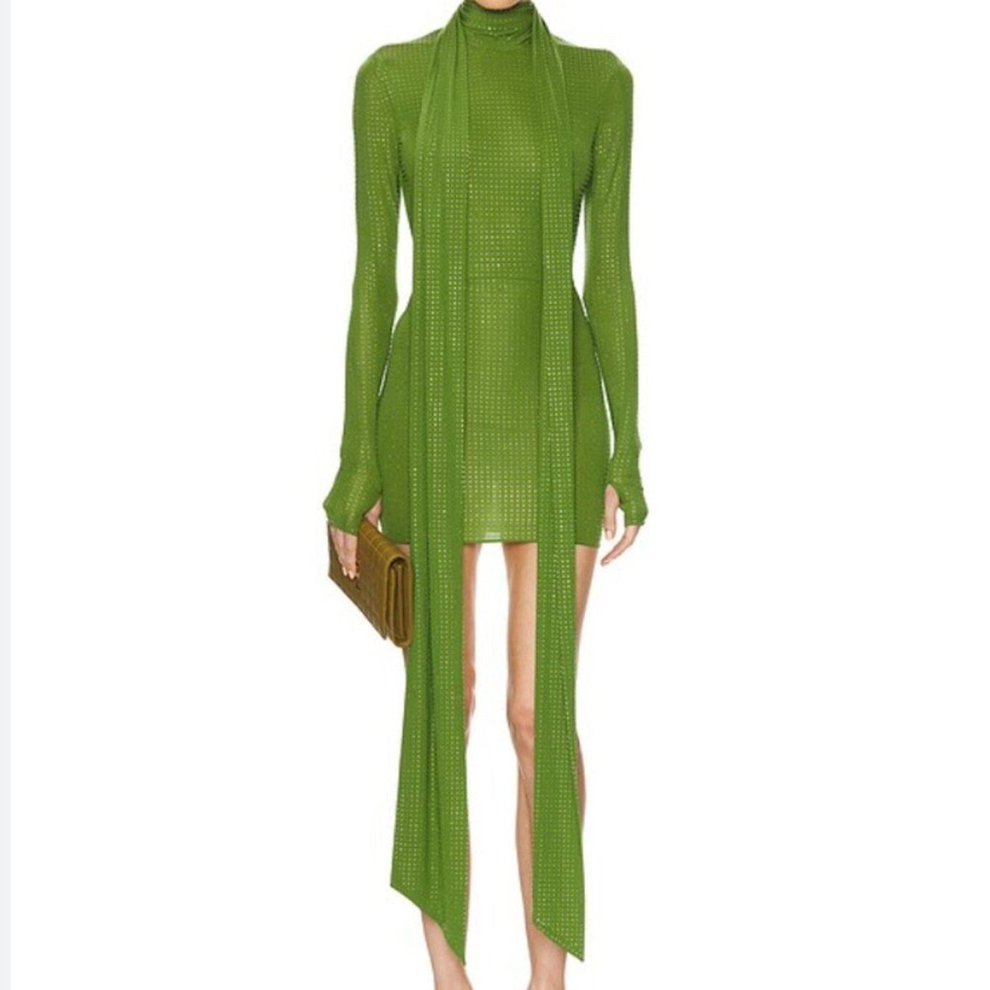 Alex Perry Fern Green Crystal Embellished Long-Sleeve Dress