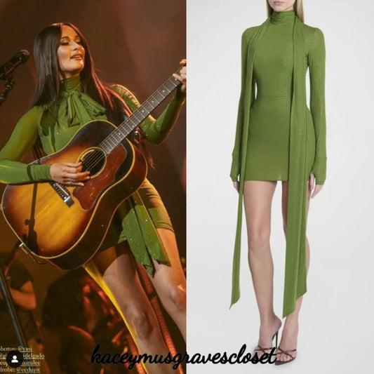 Alex Perry Fern Green Crystal Embellished Long-Sleeve Dress