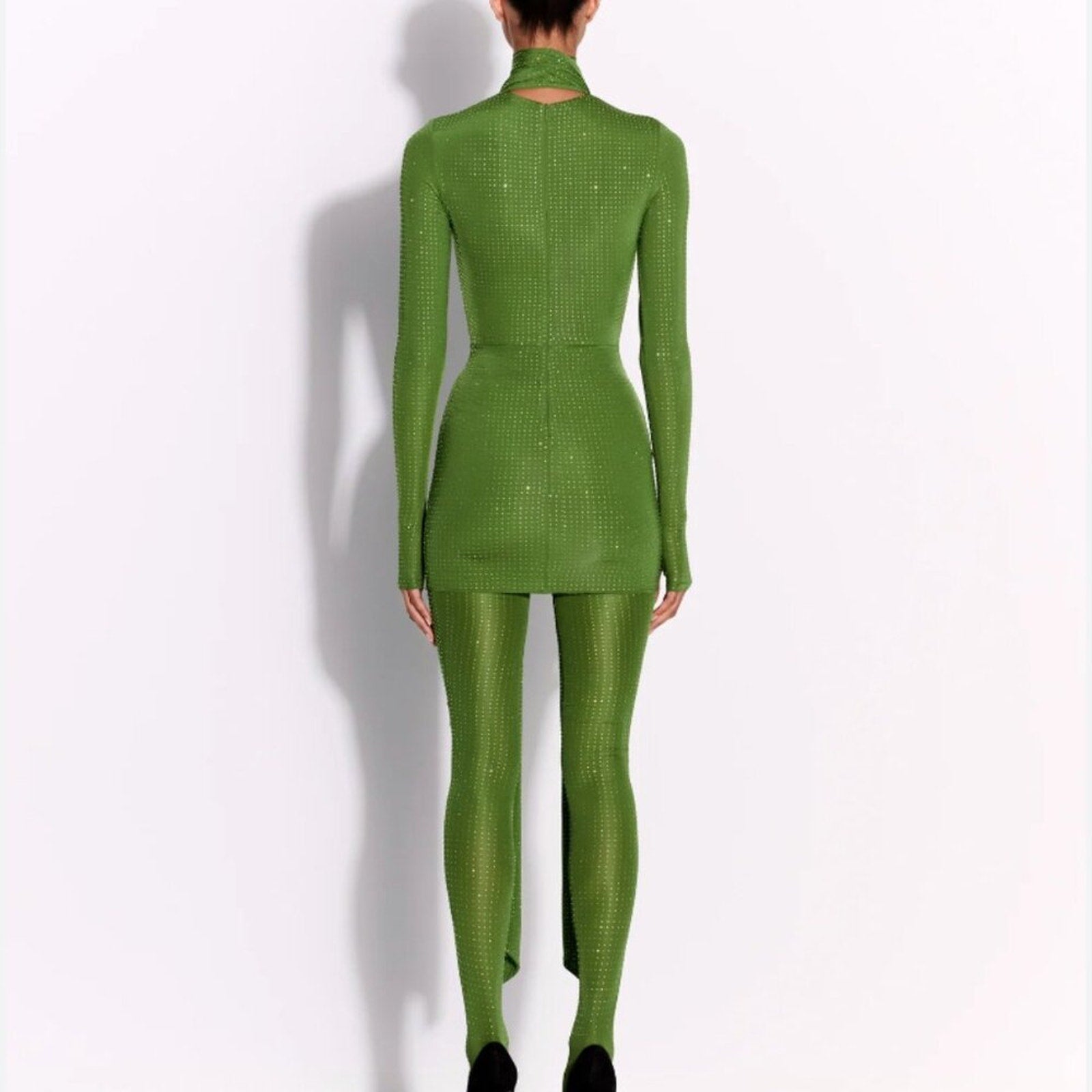 Alex Perry Fern Green Crystal Embellished Long-Sleeve Dress