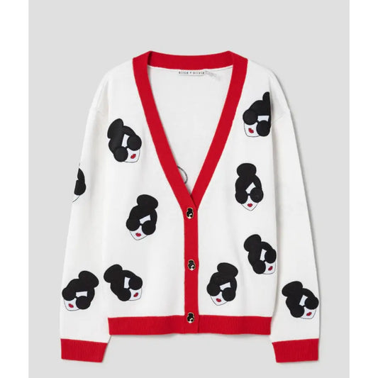 Alice + Olivia Bradley Staceface Short Cardigan Soft White/Bright Ruby | Knitwear