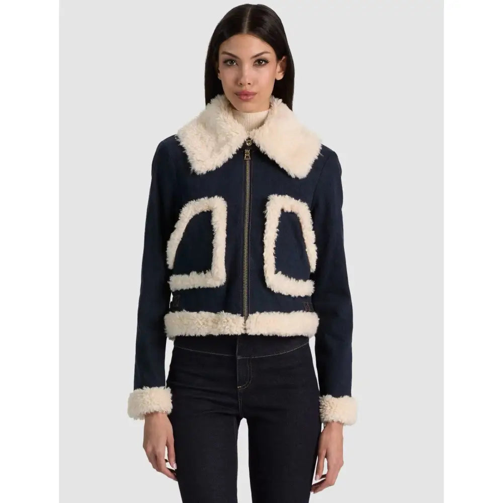 Alice + Olivia ISAIAH FAUX SHEARLING DENIM AVIATOR JACKET - Jacket