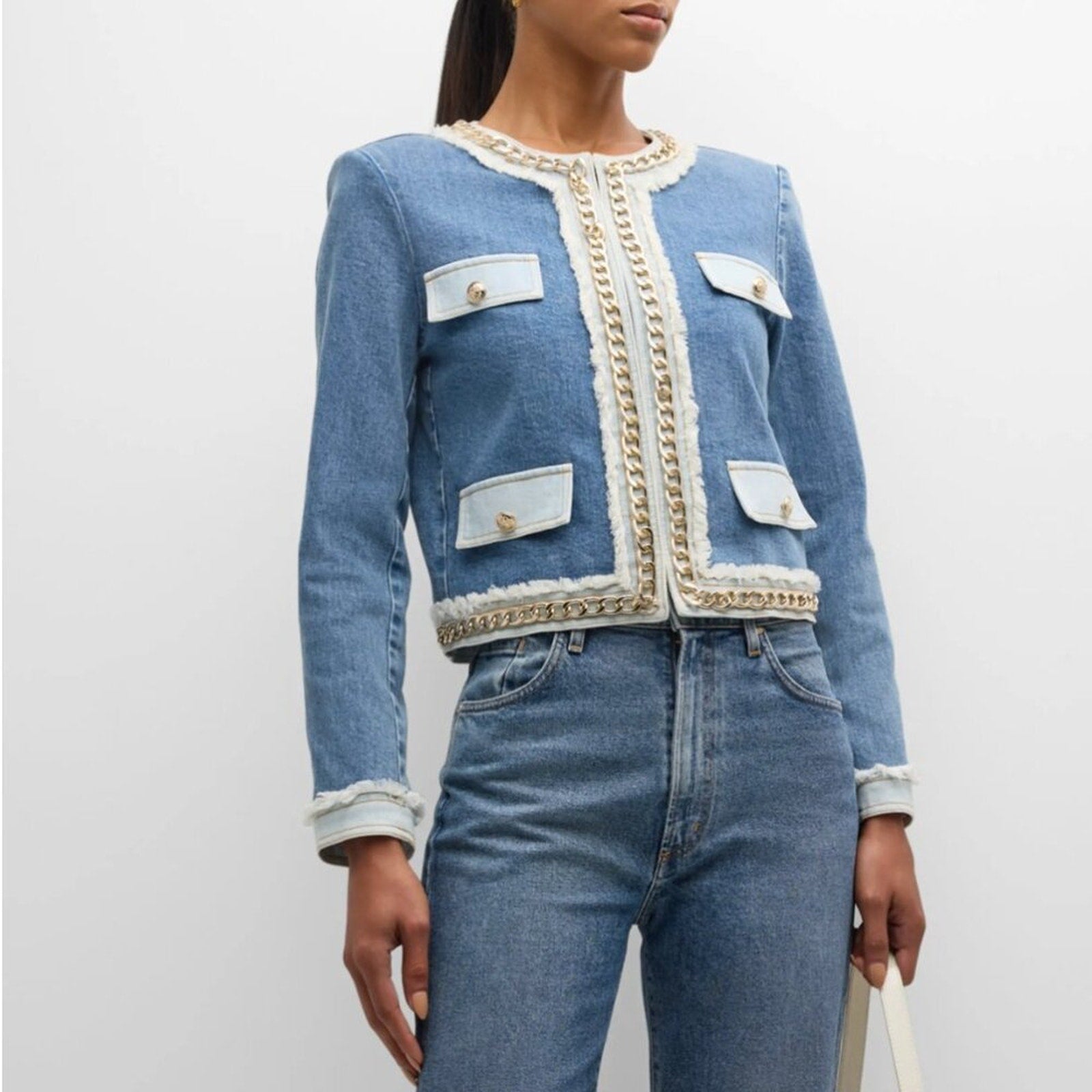 Alice + Olivia Landon Denim Chain - Trim Cropped Jacket - Alice + Olivia Bernardi Collective