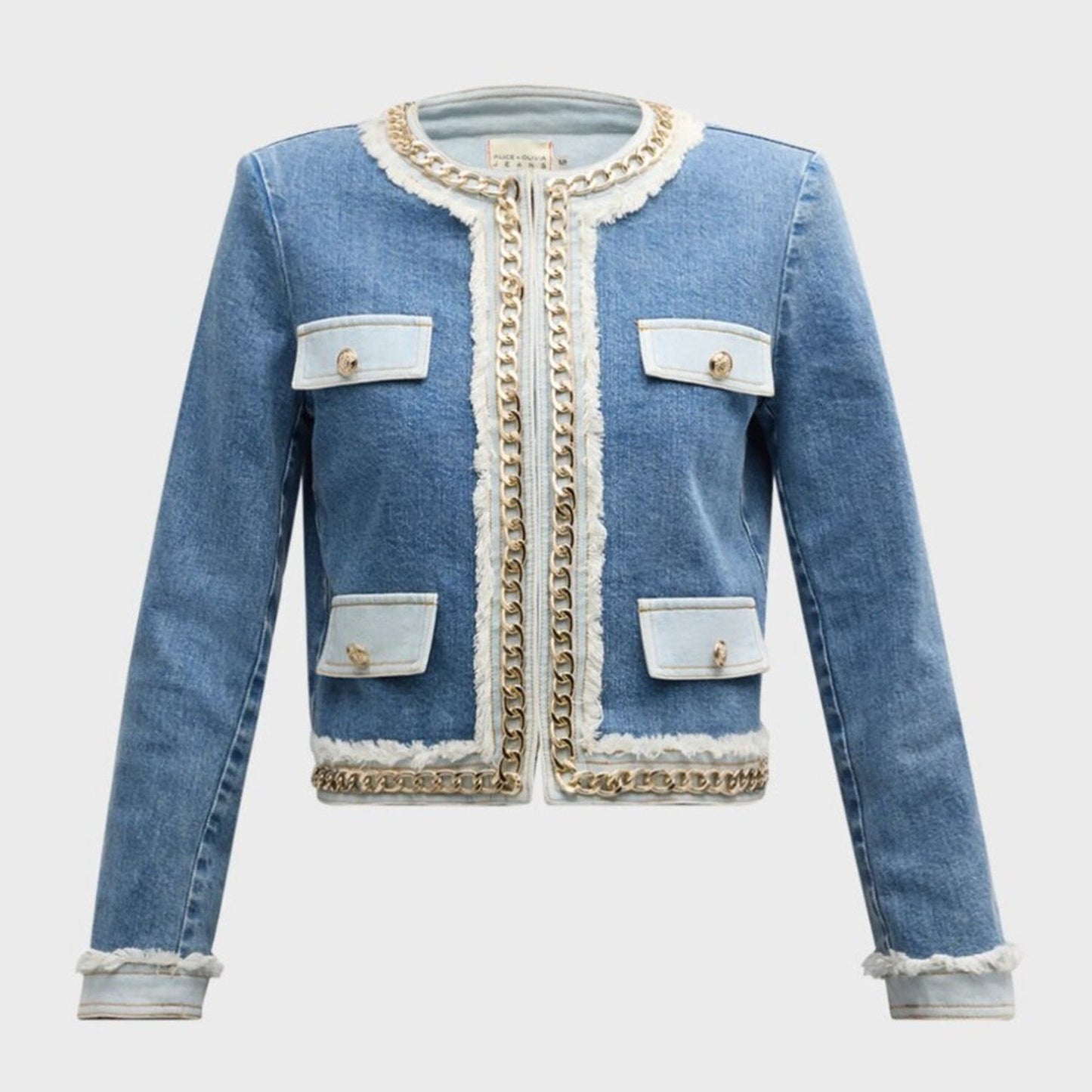 Alice + Olivia Landon Denim Chain - Trim Cropped Jacket - Alice + Olivia Bernardi Collective