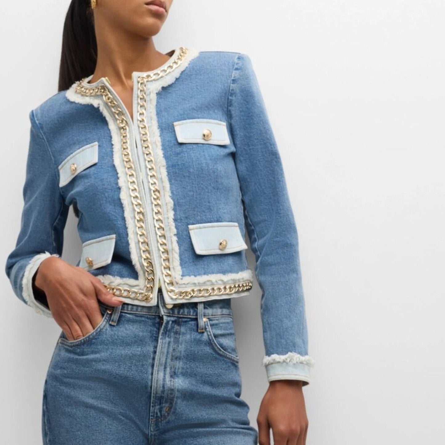 Alice + Olivia Landon Denim Chain - Trim Cropped Jacket - Alice + Olivia Bernardi Collective