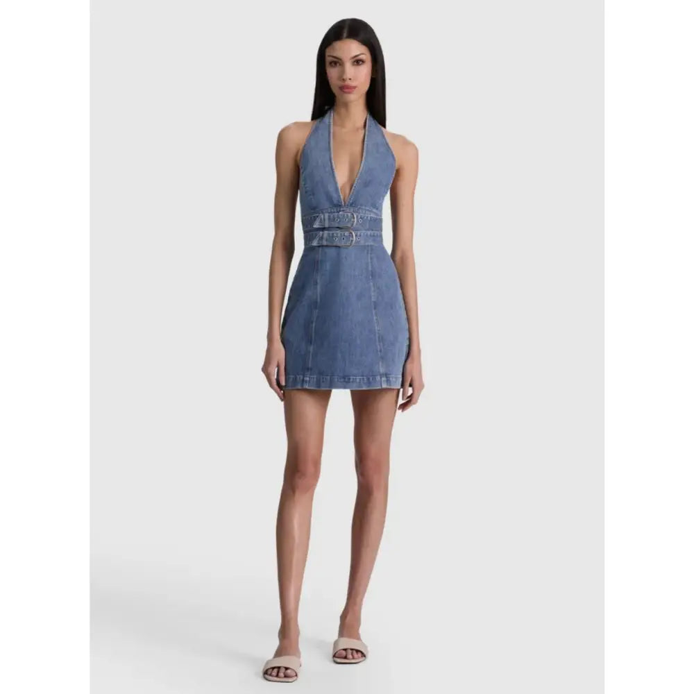 Alice + Olivia SOLANA BUCKLE DENIM HALTER MINI DRESS - Dress