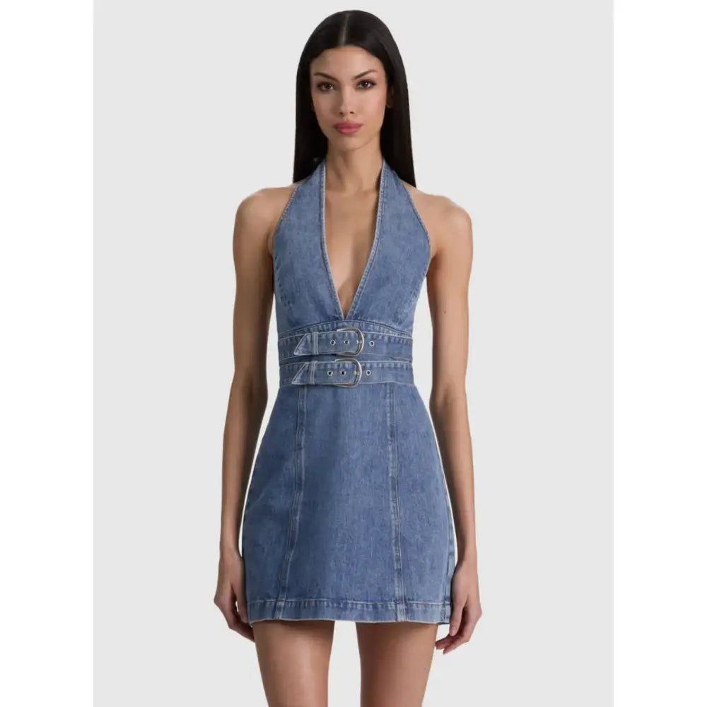 Alice + Olivia SOLANA BUCKLE DENIM HALTER MINI DRESS - Dress