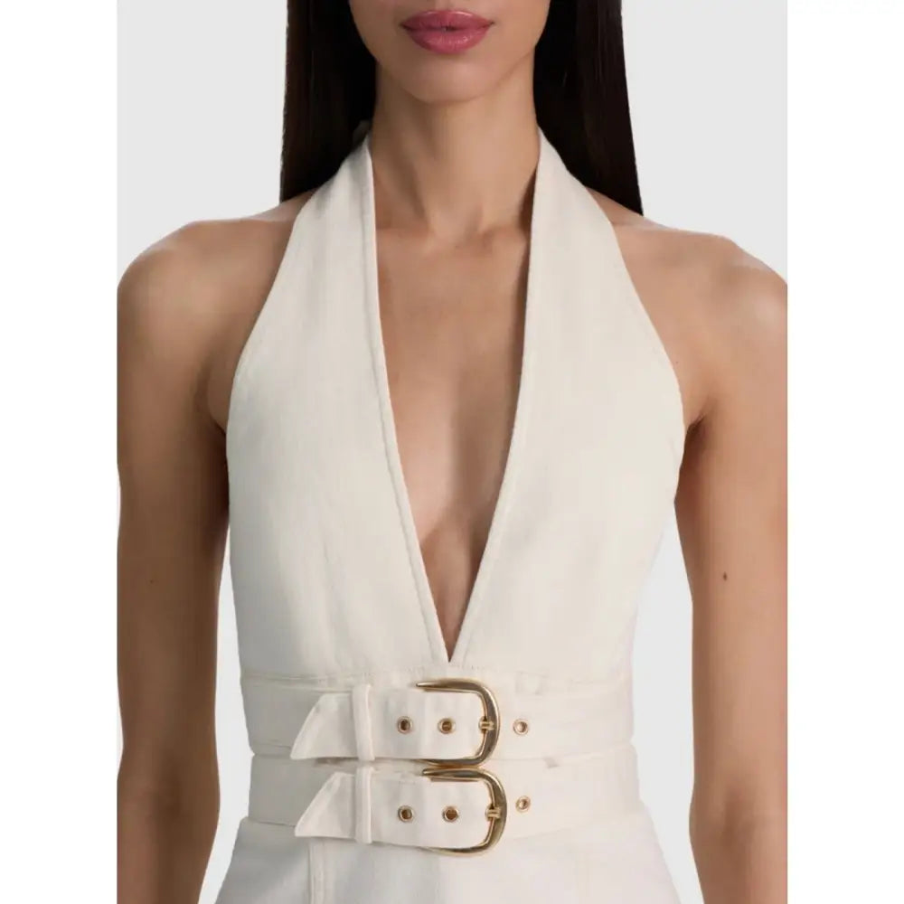 Alice + Olivia SOLANA BUCKLE DENIM HALTER MINI DRESS - Dress