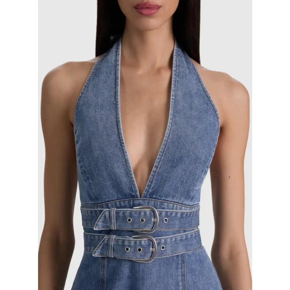 Alice + Olivia SOLANA BUCKLE DENIM HALTER MINI DRESS - Dress