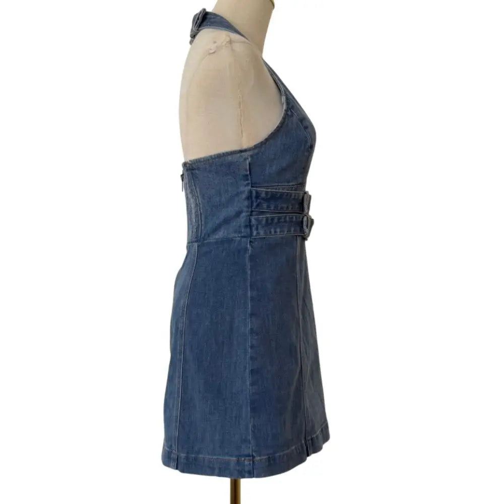 Alice + Olivia SOLANA BUCKLE DENIM HALTER MINI DRESS - Dress