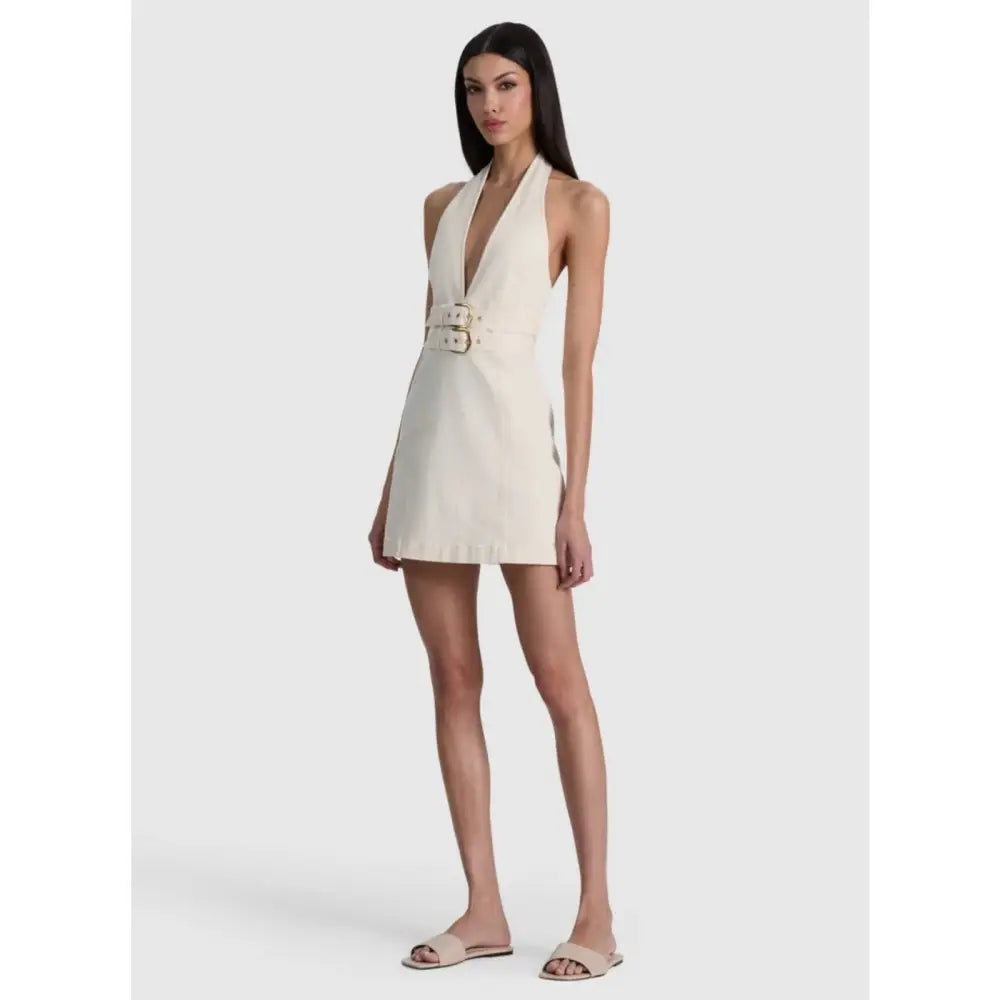 Alice + Olivia SOLANA BUCKLE DENIM HALTER MINI DRESS - Dress