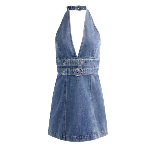Alice + Olivia SOLANA BUCKLE DENIM HALTER MINI DRESS - Dress