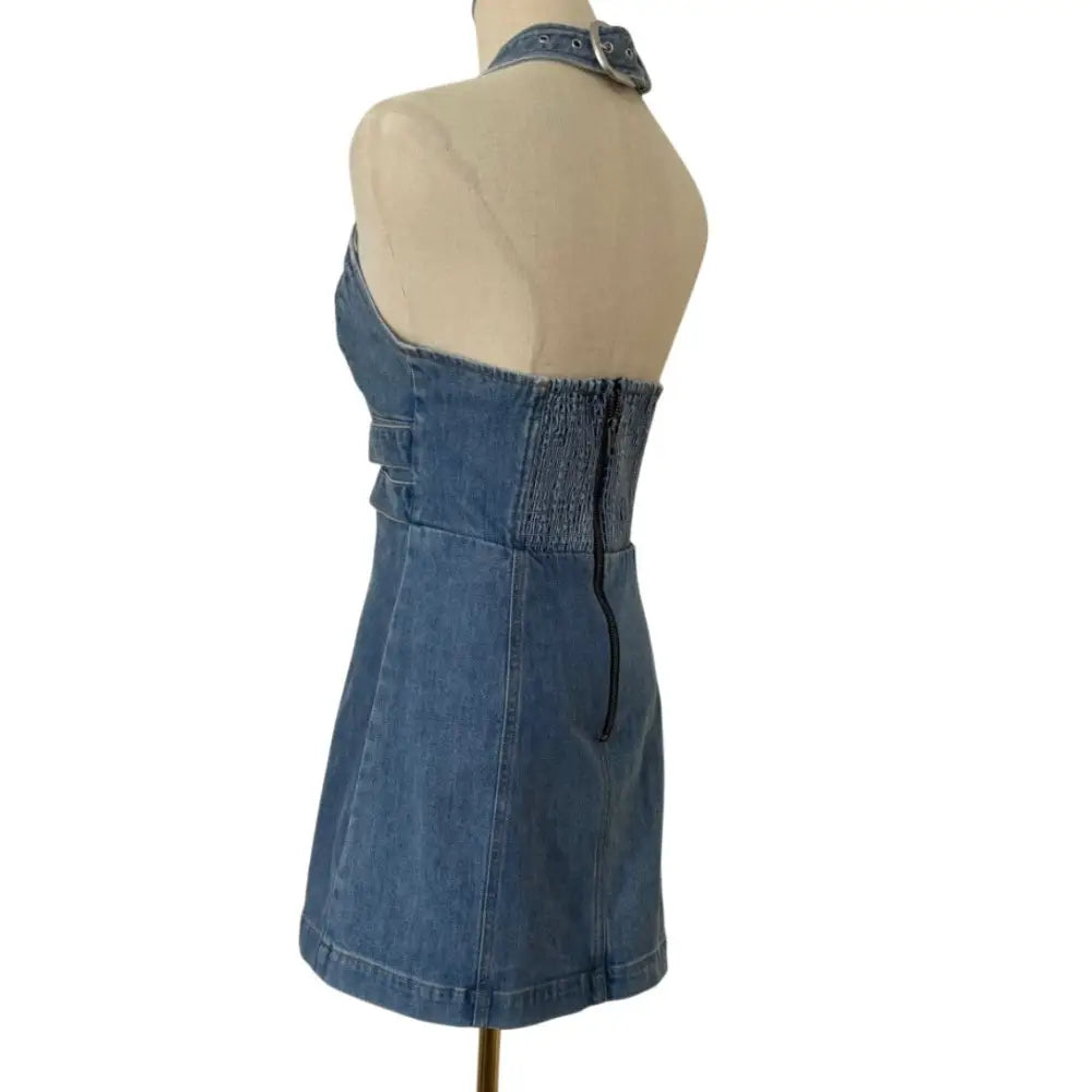 Alice + Olivia SOLANA BUCKLE DENIM HALTER MINI DRESS - Dress