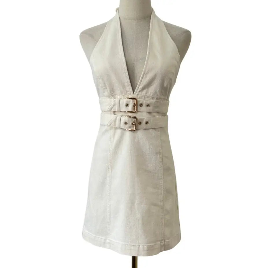 Alice + Olivia SOLANA BUCKLE DENIM HALTER MINI DRESS - Dress