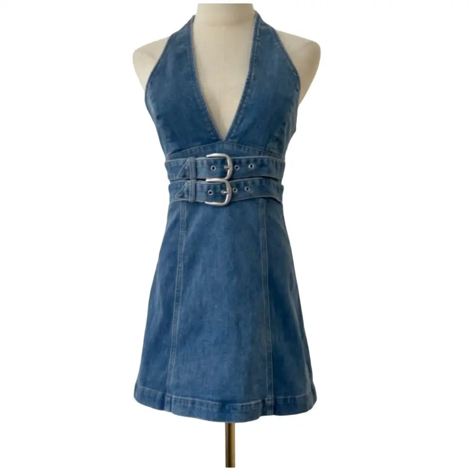 ALICE + OLIVIA Solana Buckle Denim Halter Mini Dress | Brooklyn Blue | Denim
