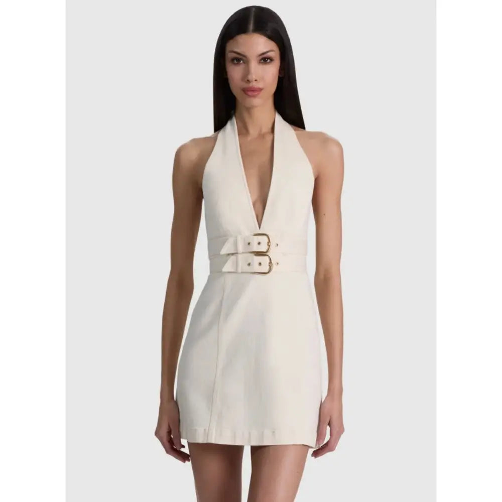 Alice + Olivia SOLANA BUCKLE DENIM HALTER MINI DRESS - Dress
