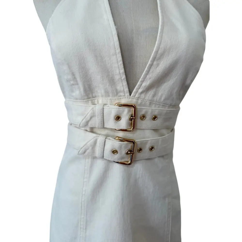 Alice + Olivia SOLANA BUCKLE DENIM HALTER MINI DRESS - Dress
