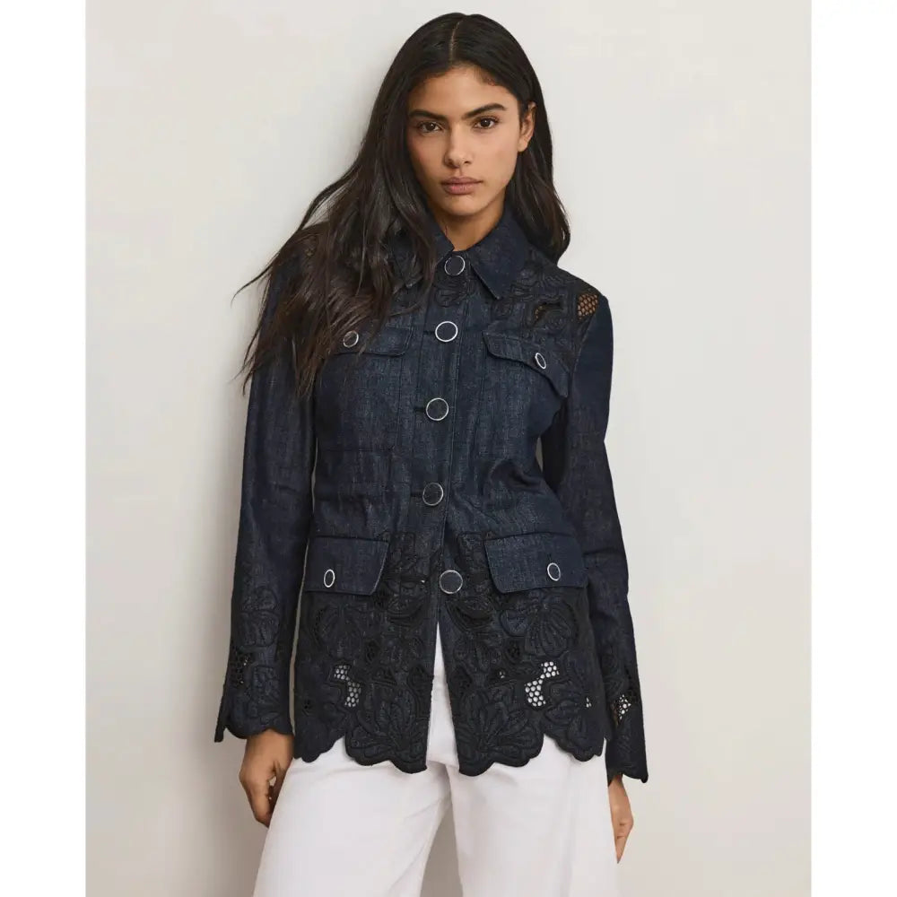 Veronica Beard Kiki Eyelet Jacket Navy Chambray Cinched Field Jacket - Jacket