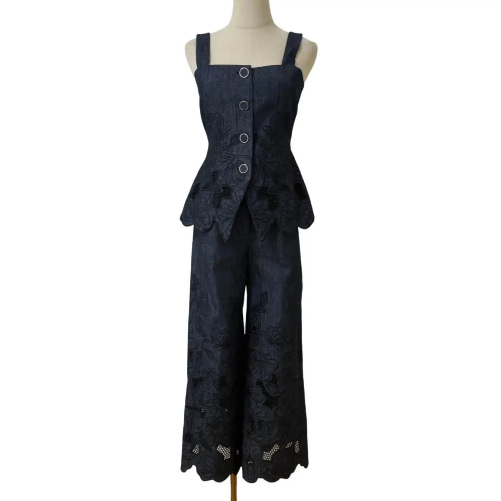 Veronica Beard Mirielle Eyelet Tank Top Navy Chambray Square-Neck Top - Tops