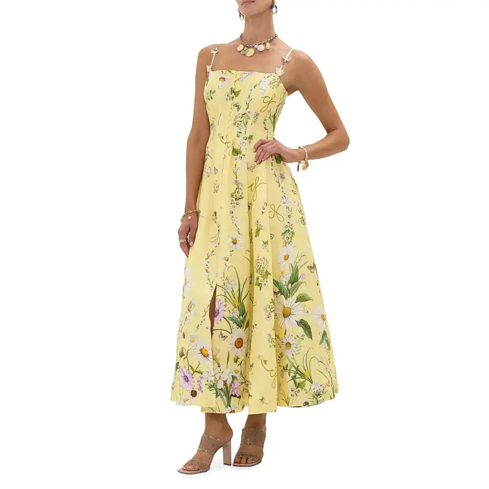 Camilla Daisy Chains Floral Linen Silk Midi Dress Dress