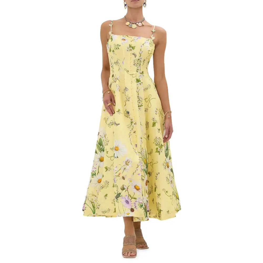 Camilla Daisy Chains Floral Linen Silk Midi Dress Dress