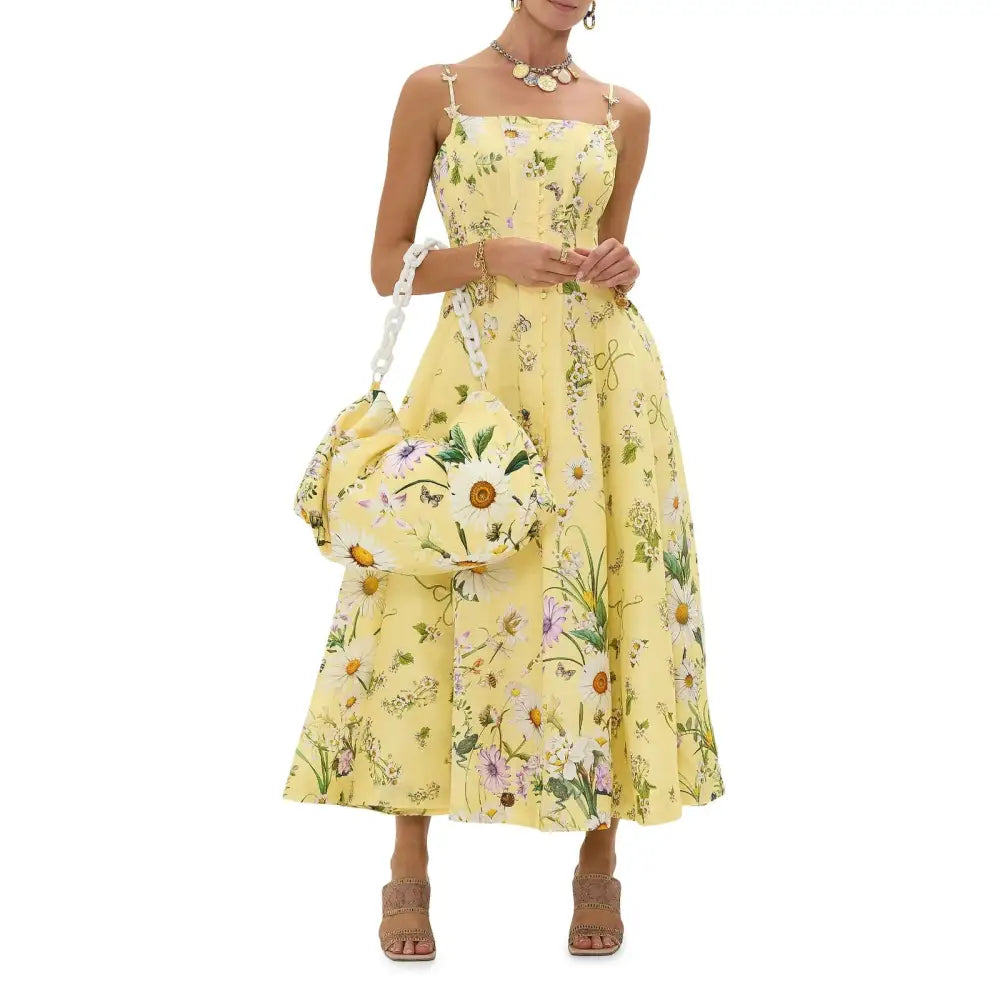 Camilla Daisy Chains Floral Linen Silk Midi Dress Dress