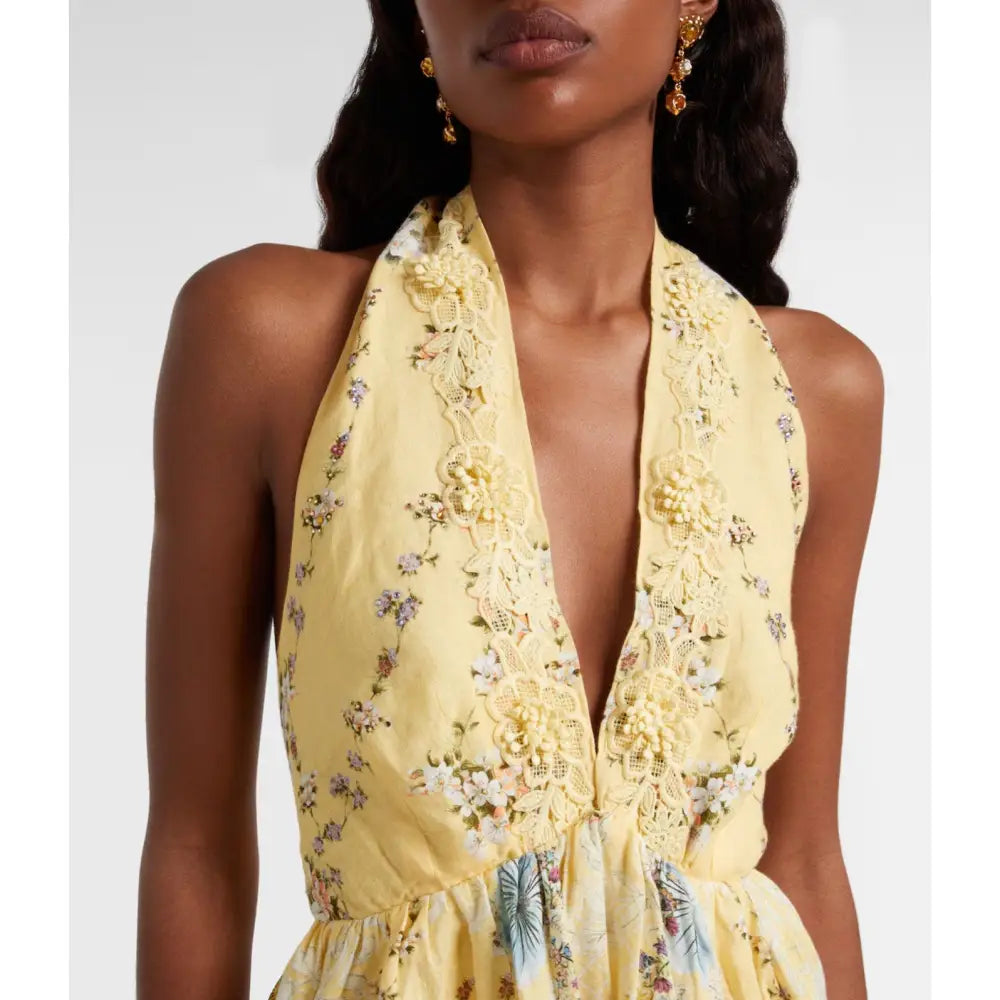 Camilla Embellished floral halterneck linen minidress - Dress