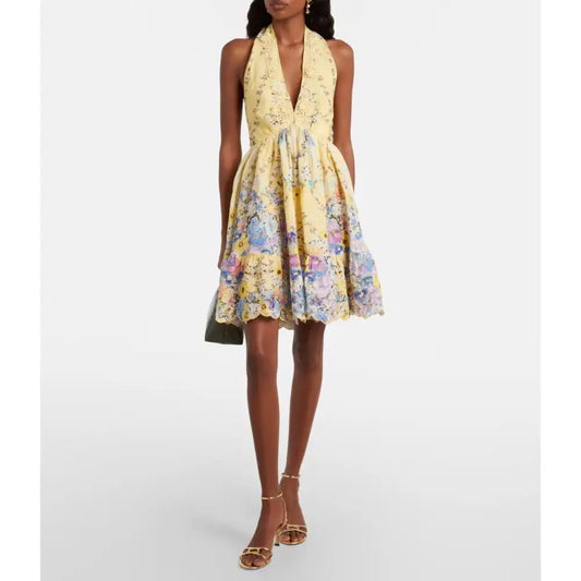 Camilla Embellished floral halterneck linen minidress - Dress