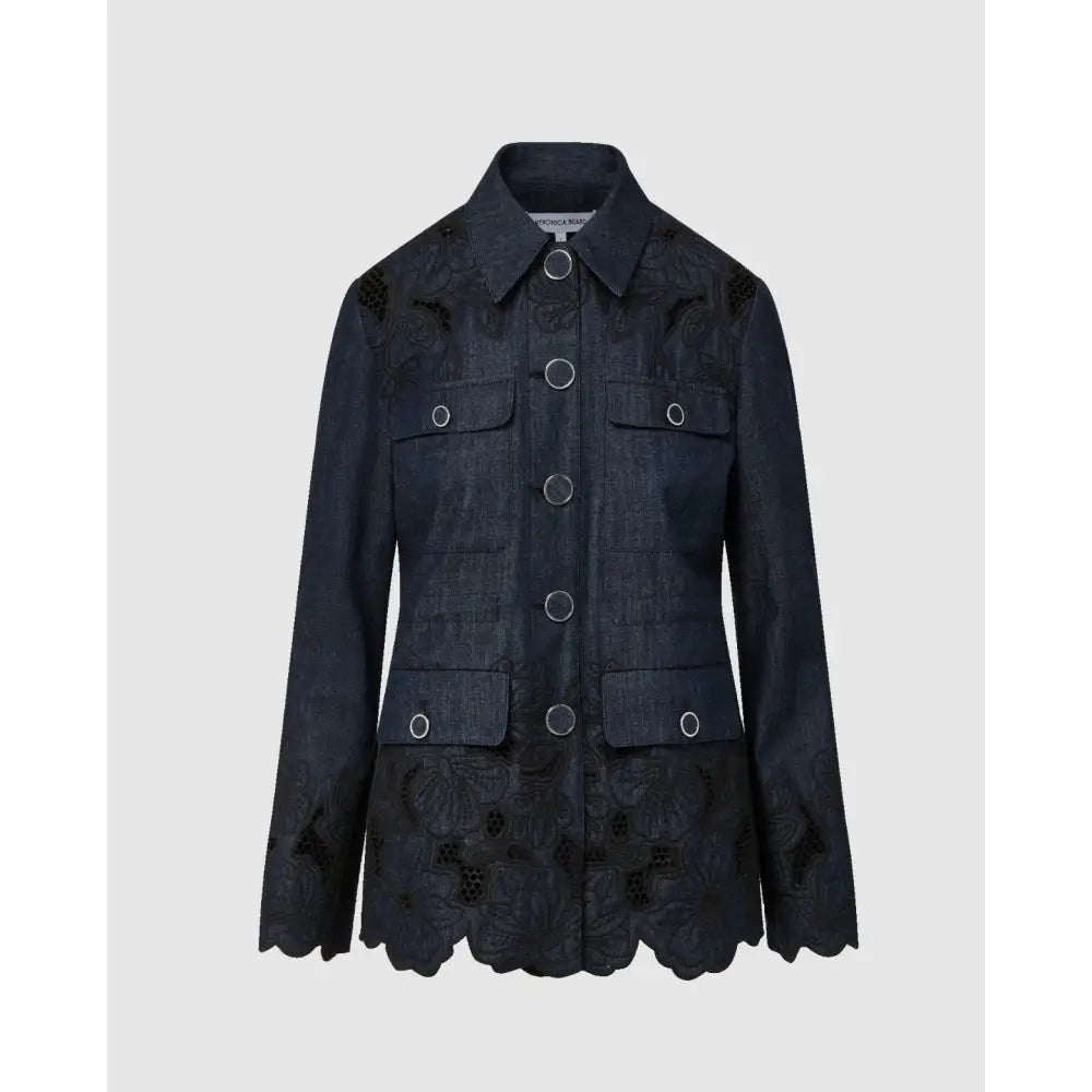 Veronica Beard Kiki Eyelet Jacket Navy Chambray Cinched Field Jacket - 2 - Jacket