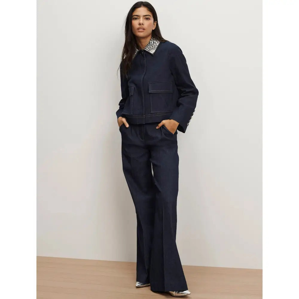 Veronica Beard Barrington Denim Blue Embellished-Collar Cropped Jacket - Jacket