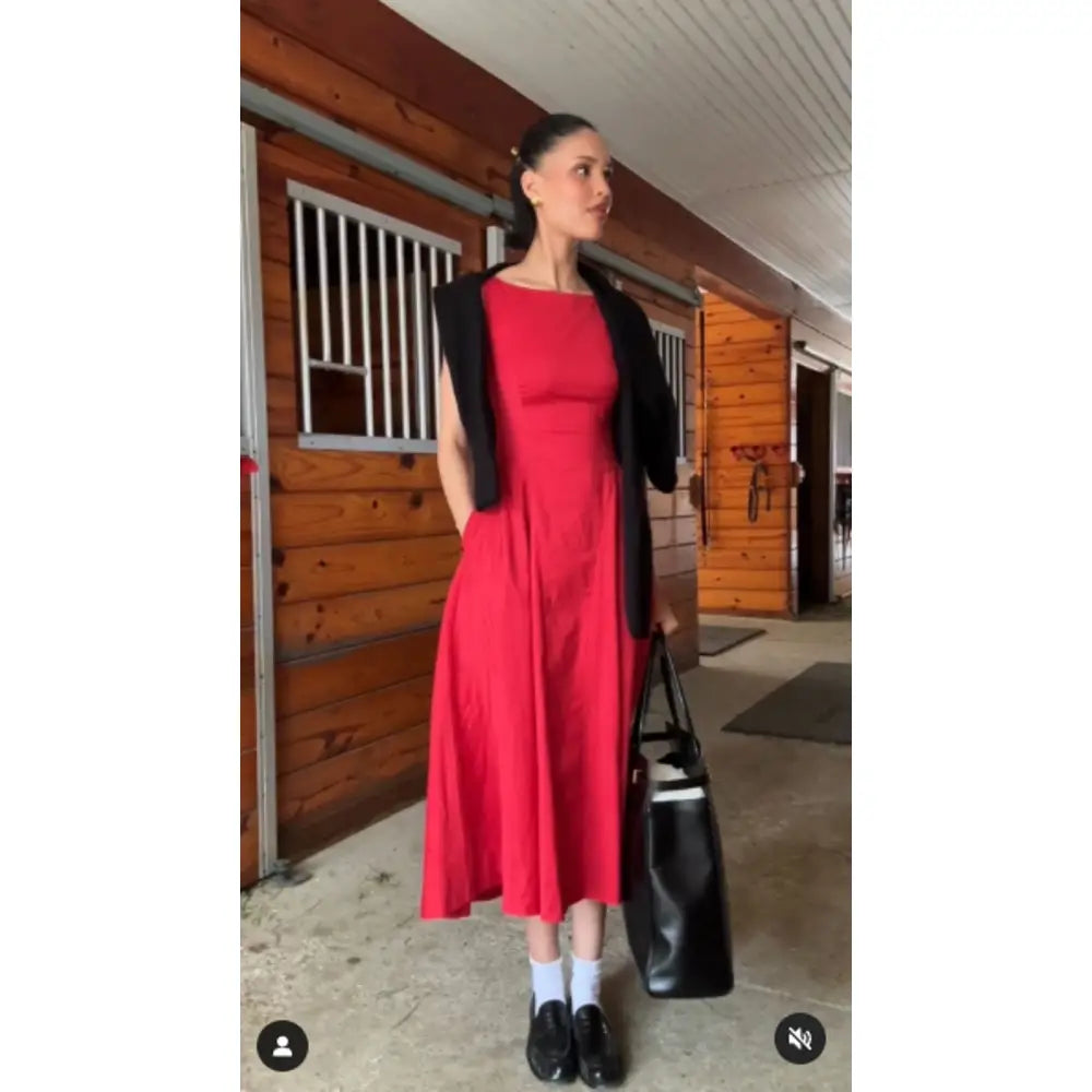 Helsa Red Stretch Cotton Sateen Midi Dress - Dress