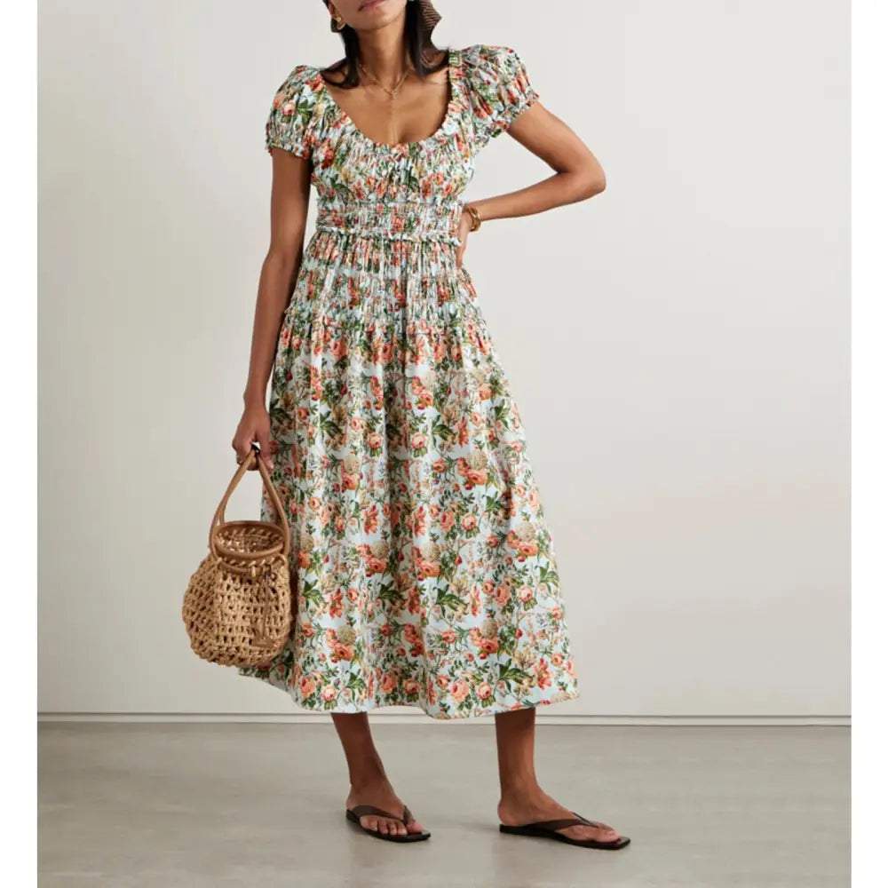 DOEN Leanne Shirred Floral-print Cotton-voile Midi Dress In Calico Garden - Dress