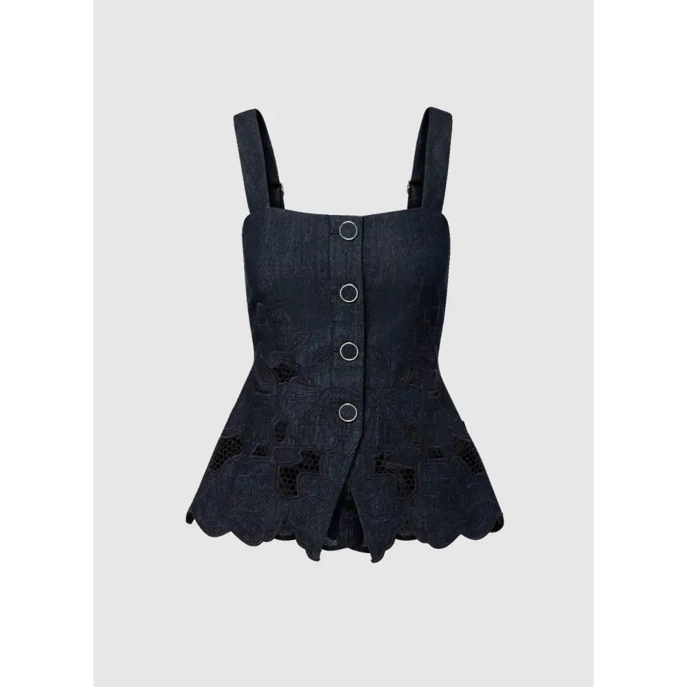 Veronica Beard Mirielle Eyelet Tank Top Navy Chambray Square-Neck Top - Tops