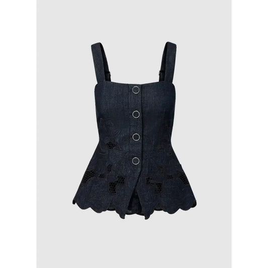 Veronica Beard Mirielle Eyelet Tank Top Navy Chambray Square-Neck Top - Tops