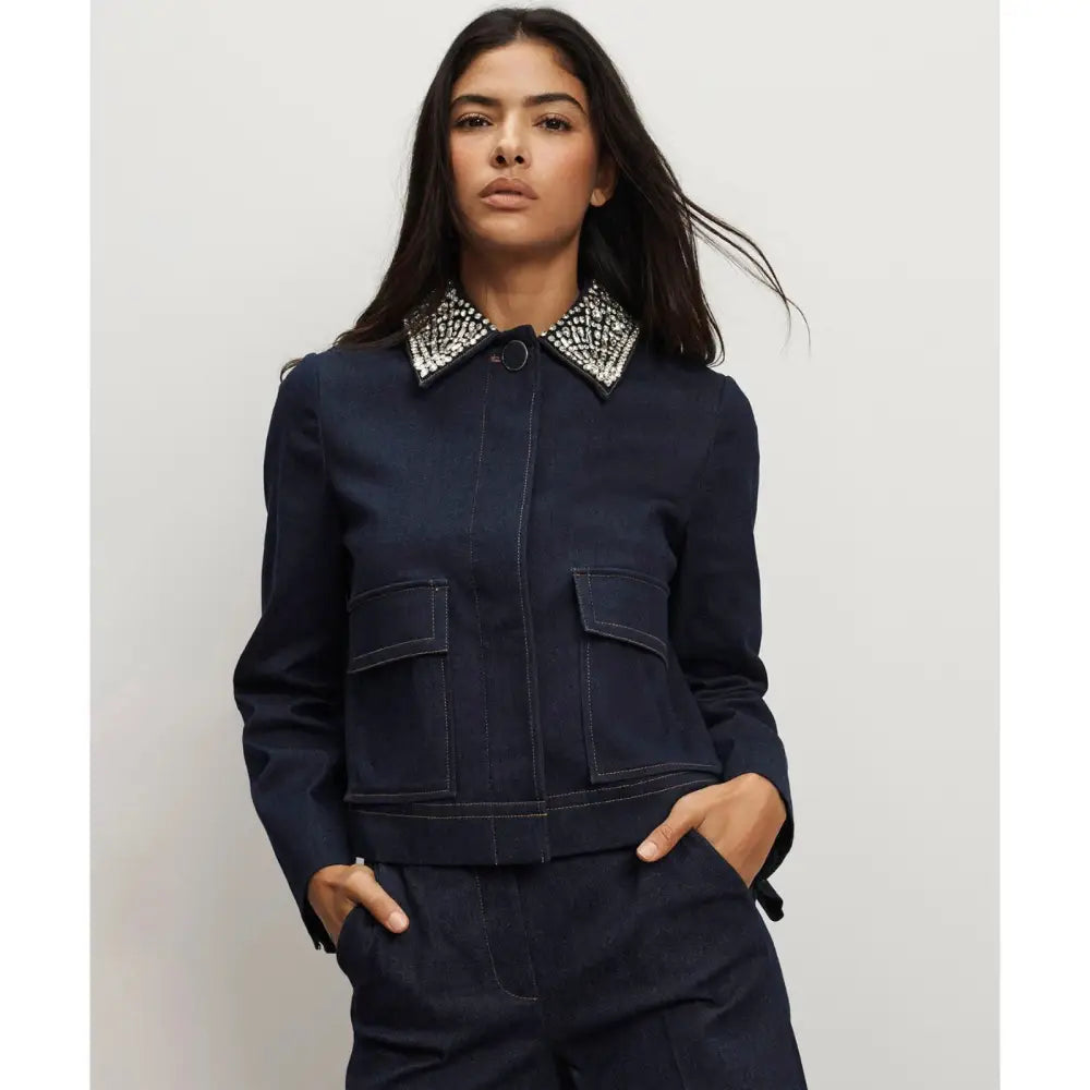 Veronica Beard Barrington Denim Blue Embellished-Collar Cropped Jacket - Jacket