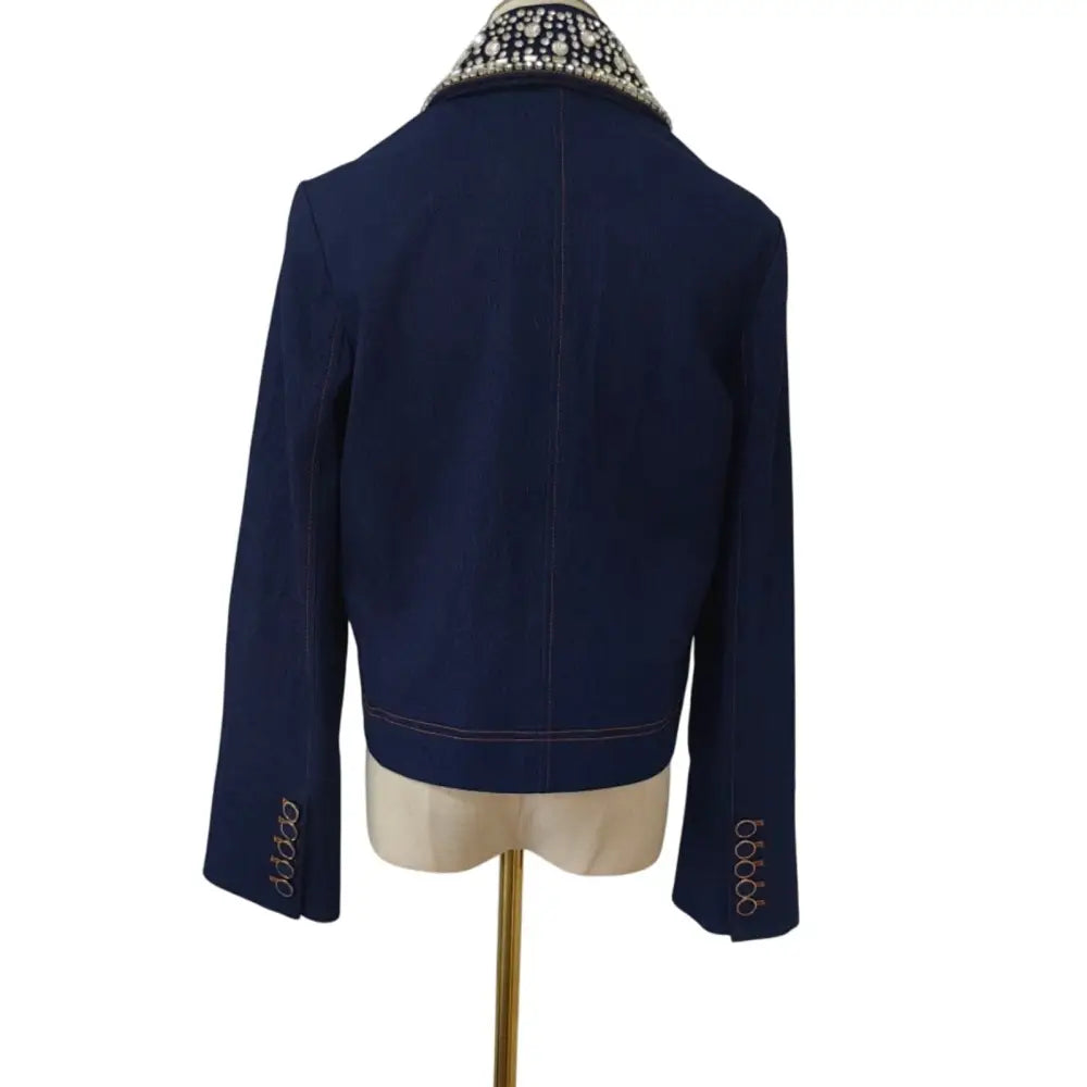 Veronica Beard Barrington Denim Blue Embellished-Collar Cropped Jacket - Jacket