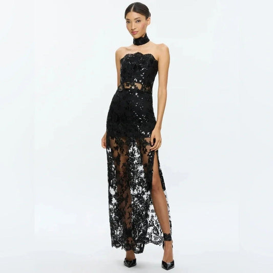 GEORGIE EMBELLISHED STRAPLESS HIGH SLIT GOWN WITH COLLAR - Alice + Olivia Bernardi Collective