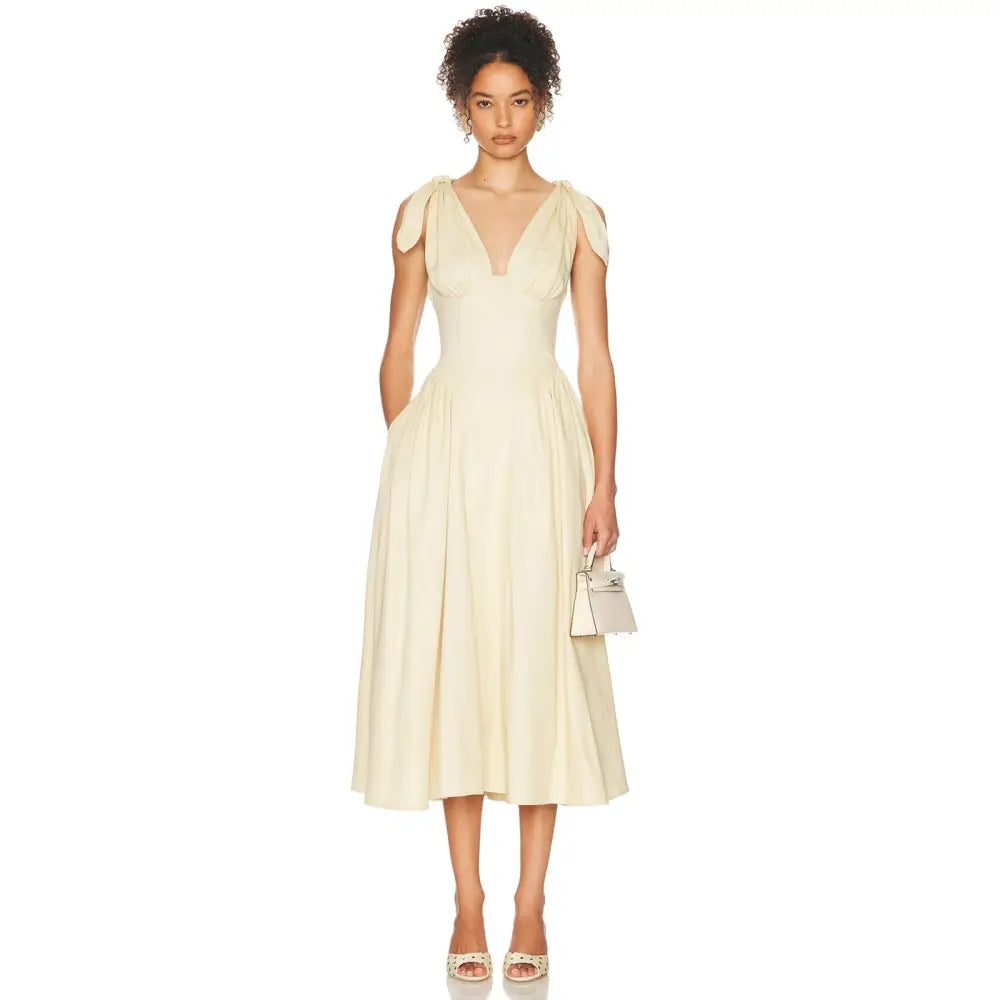 Helsa Fairweather Midi Dress in Stretch Cotton Sateen in Hay - Dress