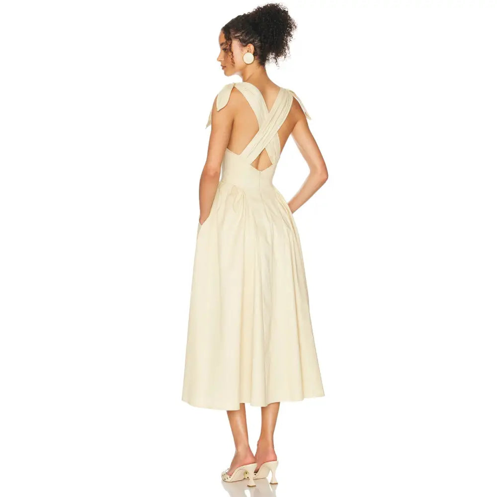 Helsa Fairweather Midi Dress in Stretch Cotton Sateen in Hay - Dress