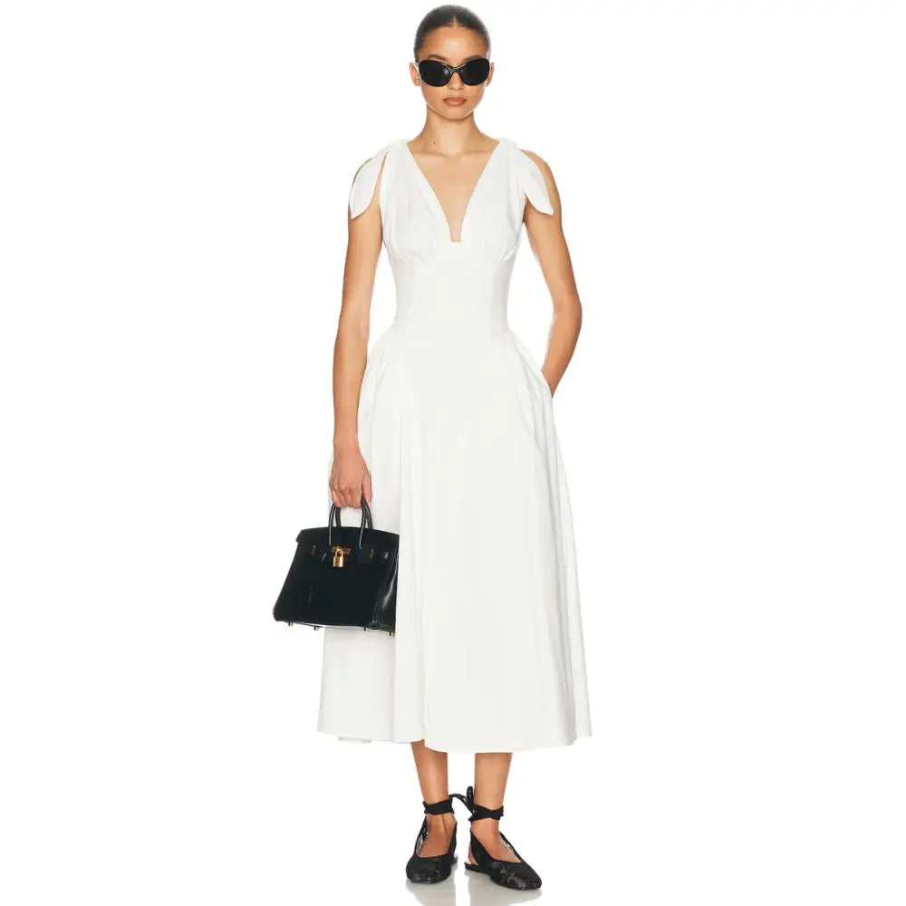 Helsa Fairweather Midi Dress in Stretch Cotton Sateen in Ivory - Dress