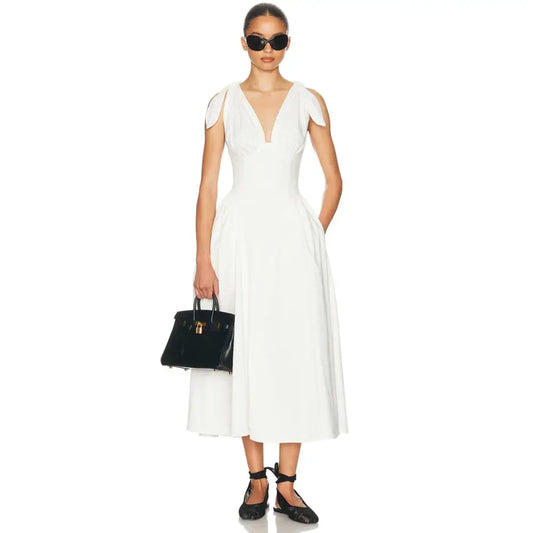 Helsa Fairweather Midi Dress in Stretch Cotton Sateen in Ivory - Dress