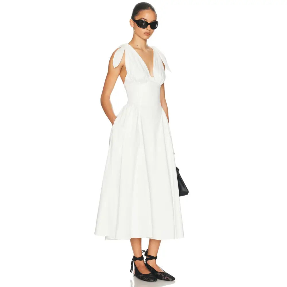 Helsa Fairweather Midi Dress in Stretch Cotton Sateen in Ivory - Dress