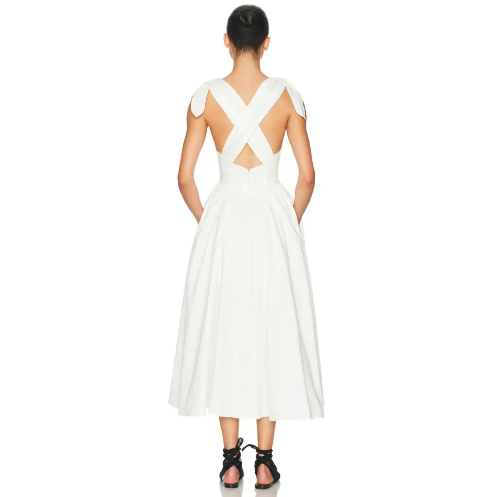 Helsa Fairweather Midi Dress in Stretch Cotton Sateen in Ivory - Dress