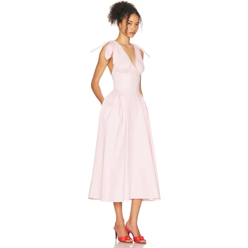 Helsa Fairweather Midi Dress in Stretch Cotton Sateen in Tea Rose Pink - Dress