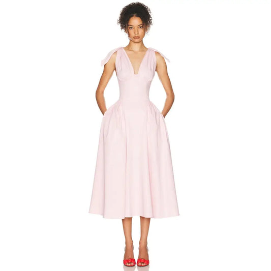 Helsa Fairweather Midi Dress in Stretch Cotton Sateen in Tea Rose Pink - Dress