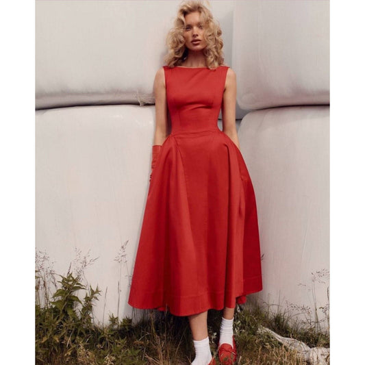 Helsa Red Stretch Cotton Sateen Midi Dress