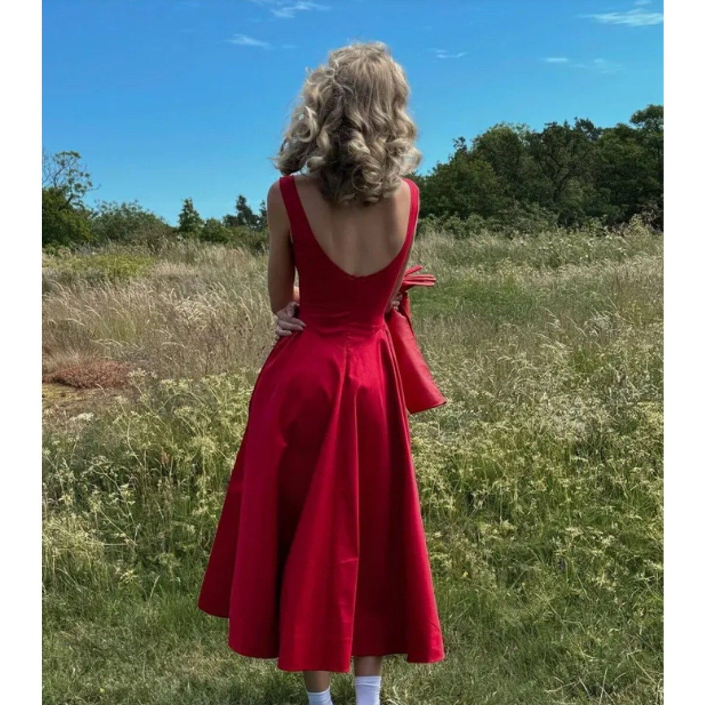 Helsa Red Stretch Cotton Sateen Midi Dress