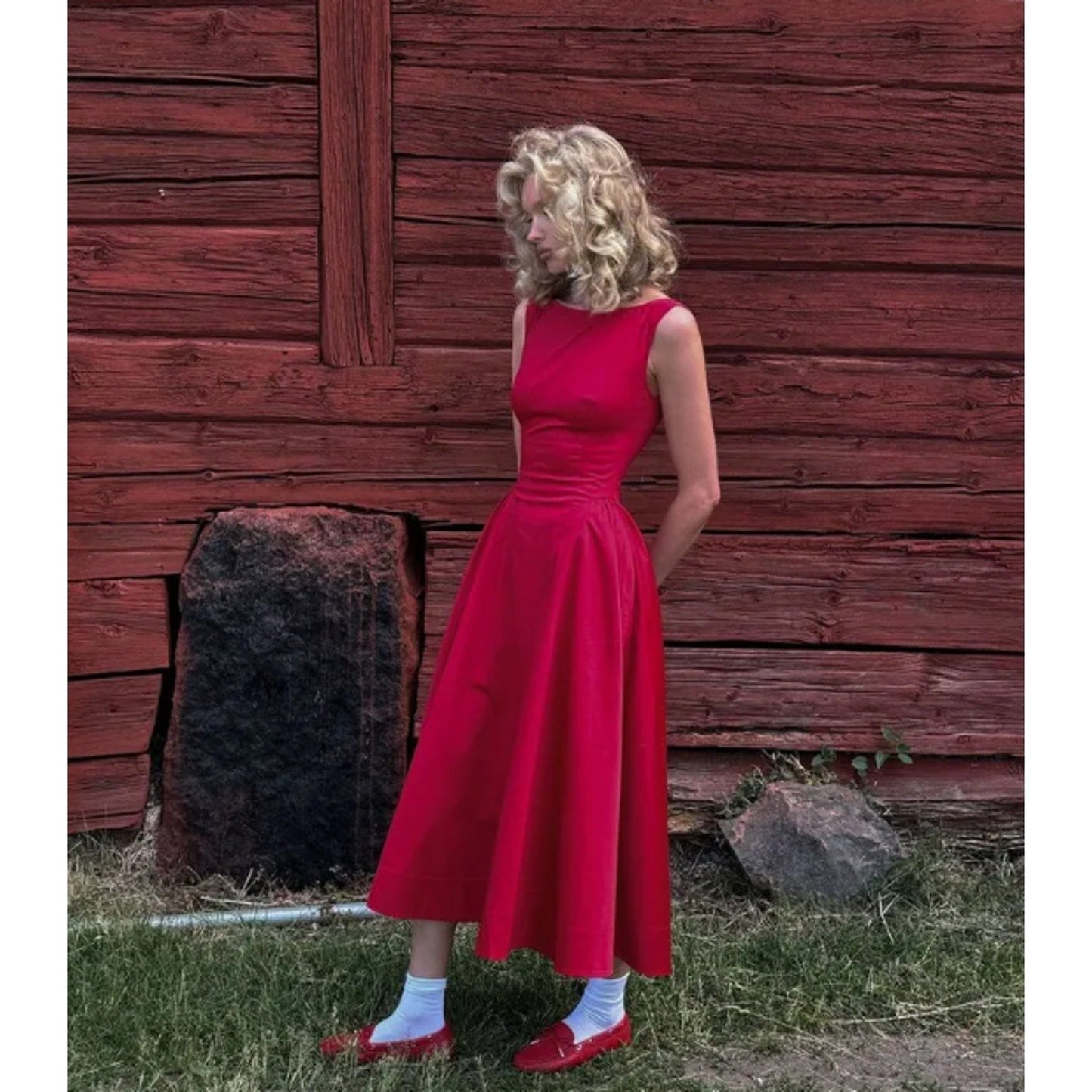 Helsa Red Stretch Cotton Sateen Midi Dress