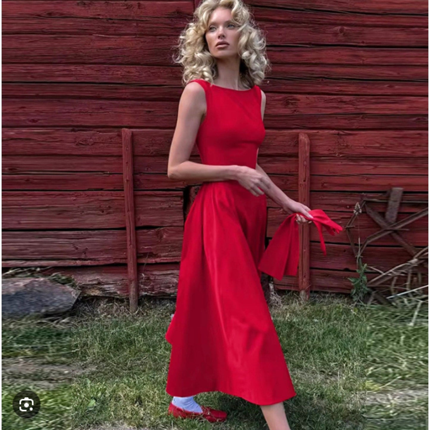 Helsa Red Stretch Cotton Sateen Midi Dress
