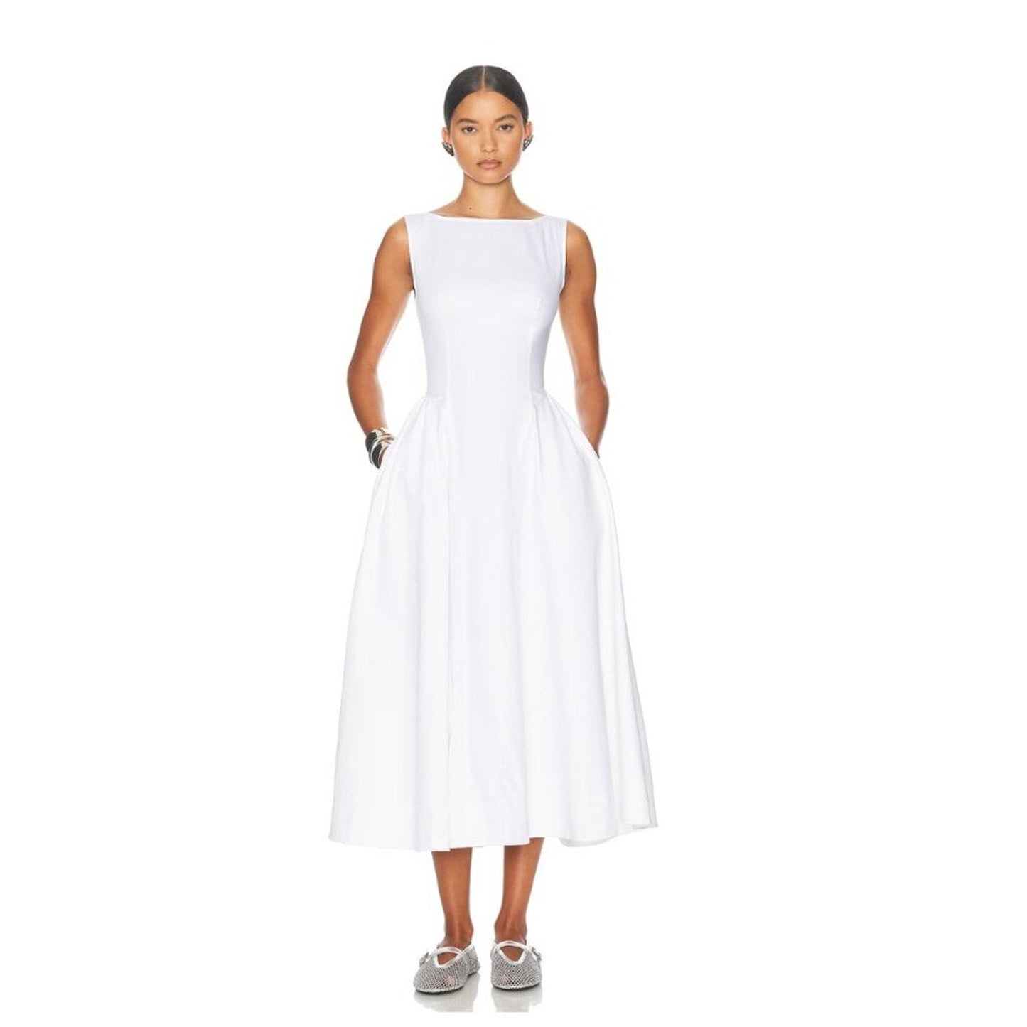 Helsa White Stretch Cotton Sateen Midi Dress - Helsa Bernardi Collective